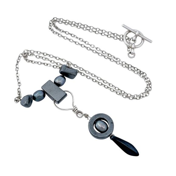 Vintage Artisan Silver Tone Hematite Unique Pendant Necklace 19" - Picture 1 of 4